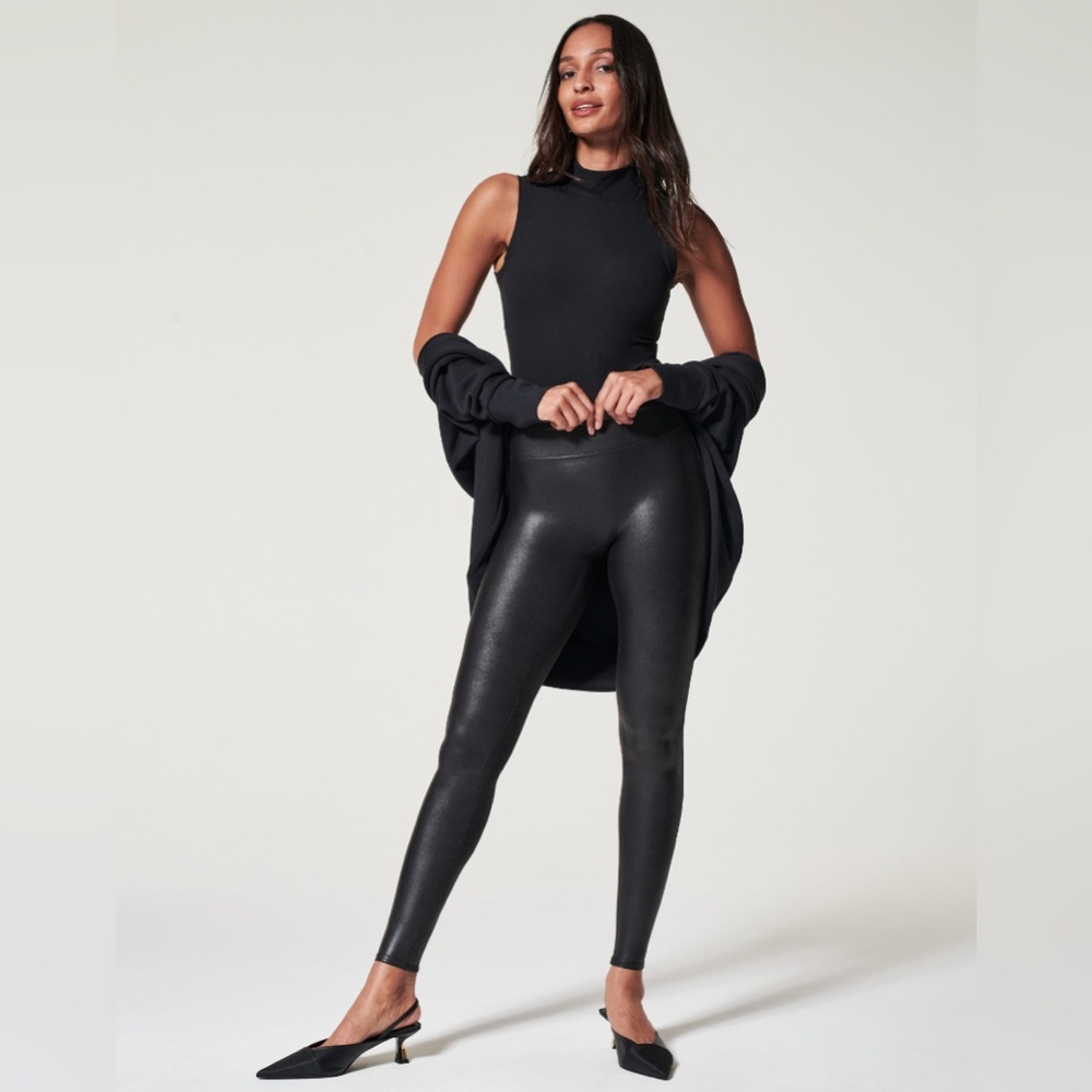 SPANX Black Faux-Leather High-Waist Leggings Size: M